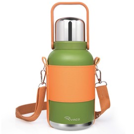 ELZO Stainless Steel Insulated Water Bottle, 1.2L/40.57oz, BPA Free Double Walled Vacuum Thermal Leakproof Metal Water Bottle, Leather Cup Holder and Shoulder Strap, Gym/Camping/Outdoor/Sports, Green