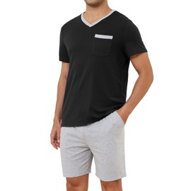 TeJoyce Mens Pajamas Set Cotton Summer Pjs Set Short Sleeve Shirts and Shorts Soft 2 Piece Sleepwear with Pockets Black
