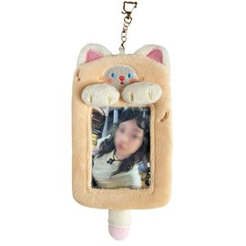 WELLRI Kpop Plush Photocard Holder with Keychain Cute Cartoon 3 inch Idol Album Mini Photo Card Holder Protector Stationery (Kitty A)