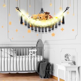 CERETIA Stuffed Animal Hammock with LED Light, Large Stuffed Animals Storage Corner Plushie Net for Kids Room Decor, Jumbo Black