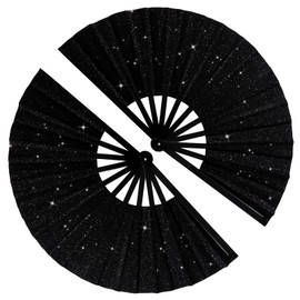 Dremisland 2 Pack Glitter Folding Hand Fans Large Shiny Popping Fans for Line Dancing Boots on the Ground Hand Fan Clacking Fan for Women Rave Accessories for Festival, Party, Club, Dance(Black, 2PCS)