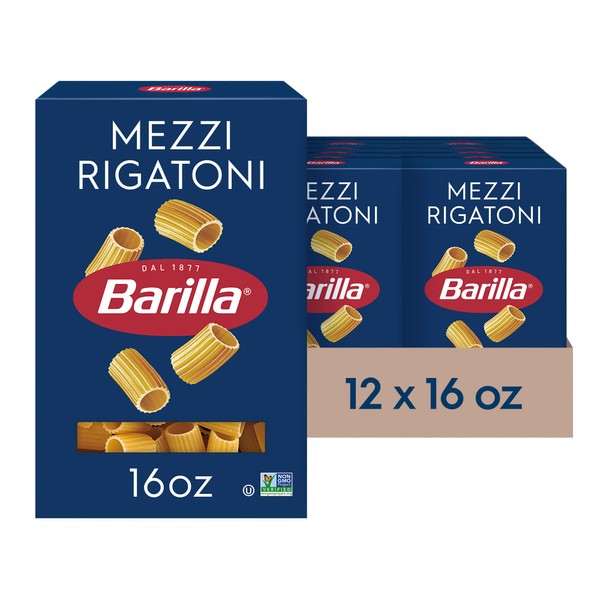 Barilla Mezzi Rigatoni Pasta, 16 oz. Box (Pack of 12) - Non-GMO Pasta Made with Durum Wheat Semolina - Kosher Certified Pasta
