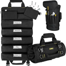 Tool Bag Large Roll Up Organizer 13 Pockets for Men, Heavy Duty Portable Storage Carrier for Mechanics, Electricians & Hobbyists - Color: Black