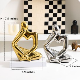 Anding Ceramic Thinker Gold Silver Set Flower Vase Style Abstract Sculpture Statue Collectible Figurine Home Office Bookshelf Desktop Decor (A809)