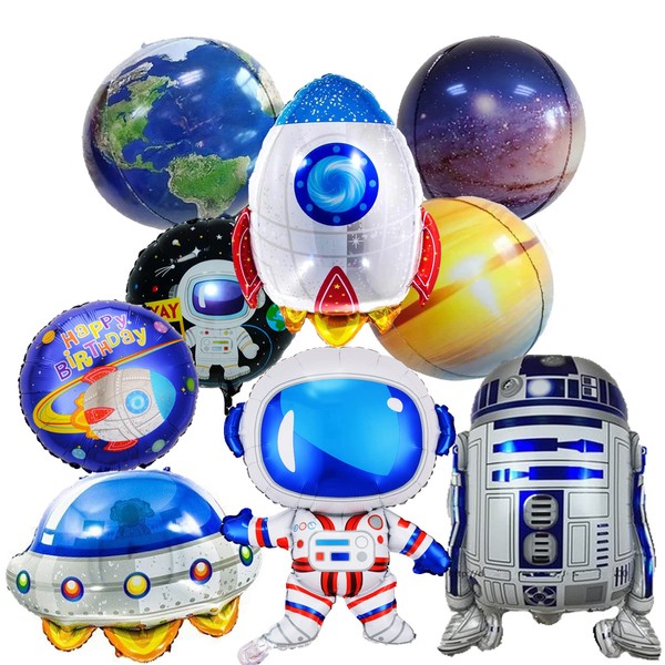 9 Pieces Galaxy Outer Space Balloons Large Cute Astronaut Planet Balloons Kit UFO Rocket Robot Space Themed Party Supplies for Family Home Baby Shower Kids Birthday Party Decoration