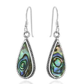 Classic Teardrop Shaped Abalone Shell Inlaid .925 Sterling Silver Dangle Earrings
