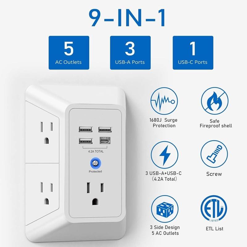 5-Outlet Surge Protector Wall Charger with 4 USB Ports -