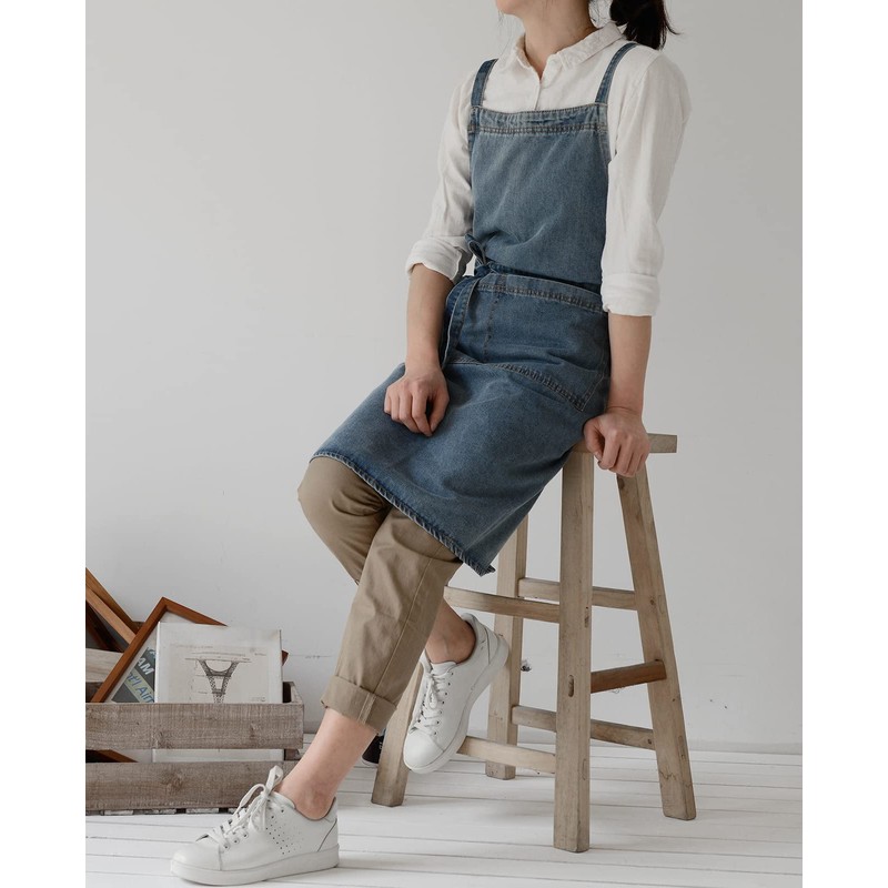Pincy Denim Apron Cross Back Unisex Adjustable Bib Apron with