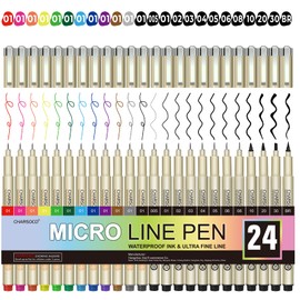 CHARSOCO 24 Pack Micro Pens, 12 Colors & 12 Black in 0.23mm - 5mm, Waterproof Archival Ink, Fine Point Pen for Artist Illustration, Sketching, Anime, Manga and Technical Drawing