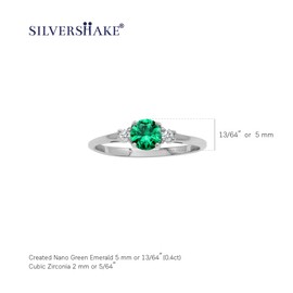 Silvershake Petite Design Round Shape Gemstone Birthstone White Gold Plated or Yellow Gold Plated 925 Sterling Silver Solitaire Promise or Engagement Ring Jewelry for Women or Teens, 7.5, Sterling Silver Rhodium (White Gold Plated), Created Nano Green Em