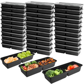 OBXMLFY Disposable Food Storage Containers with Lids Meal Prep 2-Compartment To Go Take Out Plastic Black, Sturdy Leakproof Food Safe, Microwave Freezer Dishwasher Safe (10, 2 compartment)