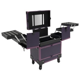 HinLIaDa Rolling Makeup Train Case, Cosmetic Travel Trolley 4 Tray with Sliding Rail, Beauty Trolley Cosmetic Organizer Box Handle Mirror w/ 4 Rolling Wheels, Waterproof (Purple)