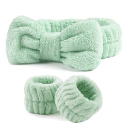 Ayesha- Conjunto de diadema y muñequera de spa verde para el cuidado de la piel, maquillaje, diadema, muñequeras para lavarse la cara, burbujas
