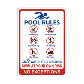 Pool Rules Large Sign, 10x14 Inches Warning Swim At Your Own Risk Signs, NO Diving No Running No Pushing No Peeing No Glass No Food, Rust Free .040 Aluminum, for Pools Water Parks Outdoor
