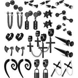 Sanfenly 16 Pairs Stainless Steel Y2K Punk Earrings Black for Men Women Mens Earrings Skull Cool Emo Goth Chains Jewelry Piercing Dangle Hoop Earrings Stud Set
