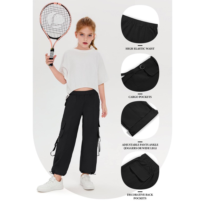 Haloumoning Girls Parachute Pants Kids Wide Leg Cargo Pants Y2K