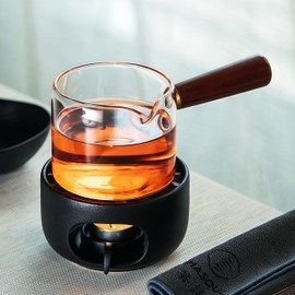 Hoffnugshween Stoneware Teapot Warmer with Safety Candle Spoon - Rustic Coarse Pottery Tea Heater Base with Vent Holes, Matte Finish Zen Decor for Glass & Ceramic Teapots, Coffee, Hot Sake (Black)