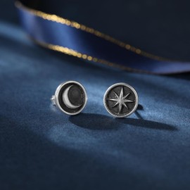 arete de tuerca de plata de ley 925 con diseño de luna y estrella, hipoalergénicos para mujeres y hombres