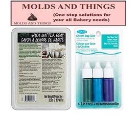 MOLDS AND THINGS Shea Butter Suspension Soap Base, 2 lb & Sky Blue, Teal Green, Purple Liquid Soap Colors