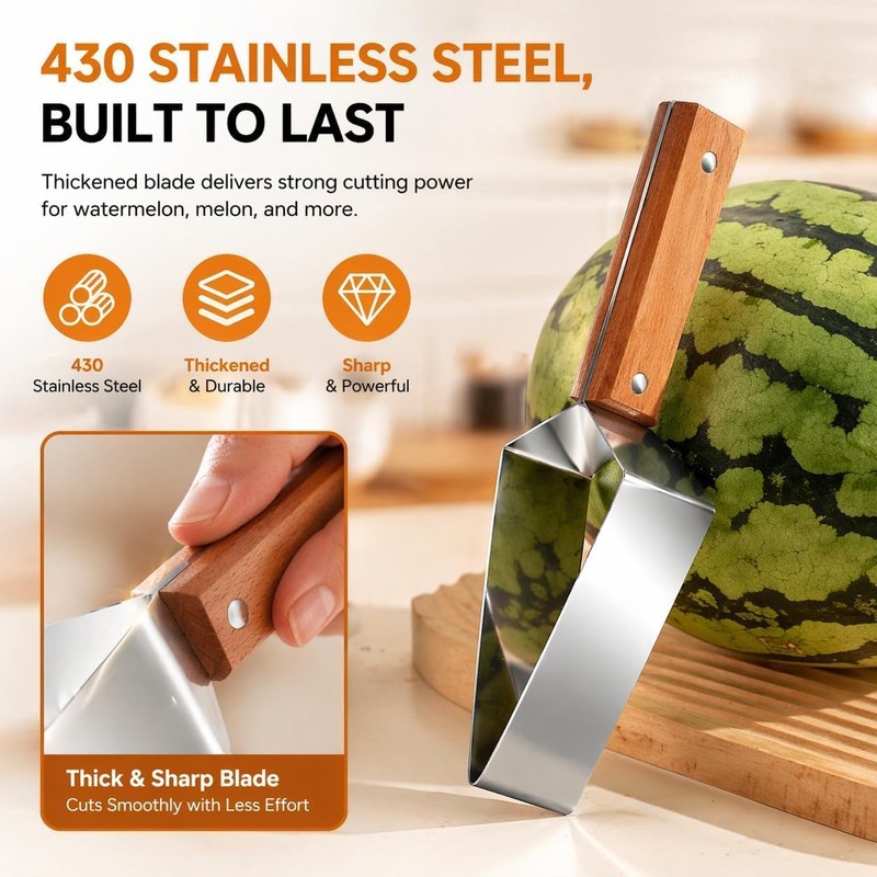 Triangle Watermelon Cutter, 430 Stainless Steel Slicer Tool with Wooden