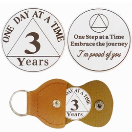 3 Year Sobriety Coin with PU Leather Keychain – One Day at a Time Recovery Token – One Step at a Time AA Medallion – Sober Affirmation Gift for Men & Women