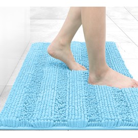 Grandaily Chenille Striped Bathroom Rugs 24x16, Extra Thick and Absorbent Bath Rugs, Non-Slip Soft Plush Shaggy Bath Carpet, Machine Wash Dry, Bath Mats for Bathroom, Blue