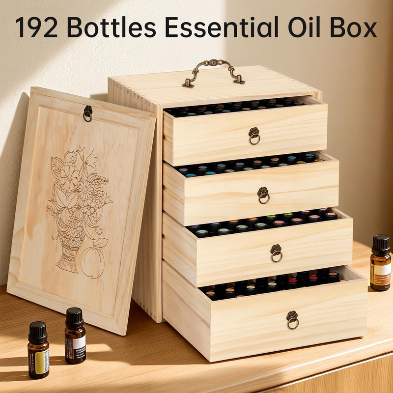 TORIBIO Essential Oils Box for 192 Bottles, Wooden Essential Oils