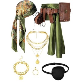 Fourluoo 10 Pcs Pirate Costume Accessories Women Pirate Belt Pouch Coin Purse Bandanas Head Scarf Eye Patch Jewelry for Women(Army Green)