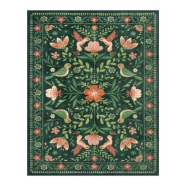 Morebes Green Floral Washable Area Rugs 8x10, Boho Classroom Rug Non Slip, Soft Ultra-Thin Distressed Flower Birds Pattern Throw Carpet for Farmhouse Living Dining Room Bedroom Office