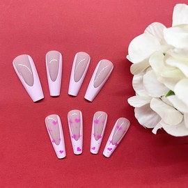 24Pcs Valentine's Day Press on Nails Long Coffin Nails French Tip Fake Nails Glossy Nude Glue on Nails Star Heart False Nails Valentines Acrylic Nails French Press ons for Women Girls Nail Supplies