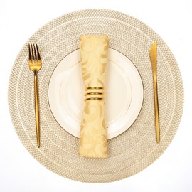 Crisjanggo Gold Metallic Placemats Set of 6, Pressed Vinyl Table Placemats Hollow Wipable Non Slip Decorative Round Placemat for Kitchen Tables Party Gathering Weddings Housewarming