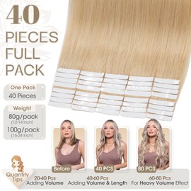 Elailite Tape in Hair Extensions Human Hair Full Head 40 pcs Straight Skin Weft Real Remy Hair Extension (22 inches 100g, 40pcs/set, #24 Natural Blonde)