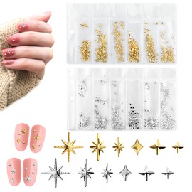 Nail Charms Set | Gold and Silver Star Shapes with Gold Heart Gems | Durable Metal | Assorted Styles | for Nail Art, Crafts, DIY Decorations, it is an ideal gift for family, friends, or classmates