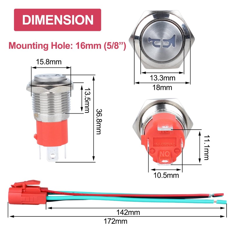DMWD 20Amp 12V-24V Horn Push Button Switch 16mm Heavy Duty
