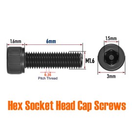 Junter 100pcs M1.6 x 6mm Black Alloy Class 12.9 Allen Hex Head Socket Cap Screws Full Thread Metric DIN912