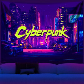 City Blacklight Tapestry, Japanese Anime Tapestry Punk Game Fantasy Night View Cityscape Futuristic Neon Art Wall Hanging Tapestries for Bedroom Decor 79x59in