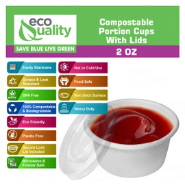EcoQuality 2 Oz Compostable Portion Cups with Lids - Condiment Souffle Cups with Lid - Biodegradable Sauce Cups - Disposable Sample Cups, Slime, Jello Shot Cups, Food Storage, Takeout, Dressing (500)