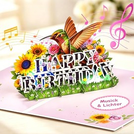 Birthday Cards, Birthday Cards with Music and Light Effects, 3D Pop Up Cards with Hummingbird and Flowers, Bouquets of Preserved Flowers for Women, Gifts for Women, Gift