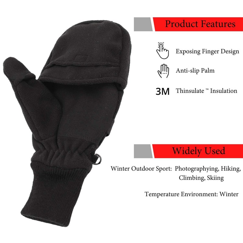 Zeltauto Men’s Thinsulate Gloves Convertible Fingerless Mitten Flap Cover Multipurpose