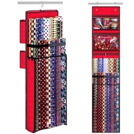 Wrapping Paper Organizer Storage, Double-Sided Hanging Gift Wrap Roll Holder for Christmas, 63"x13" Over Door Present Bag Container for Room Closet, Red Wrapper Station for Birthday