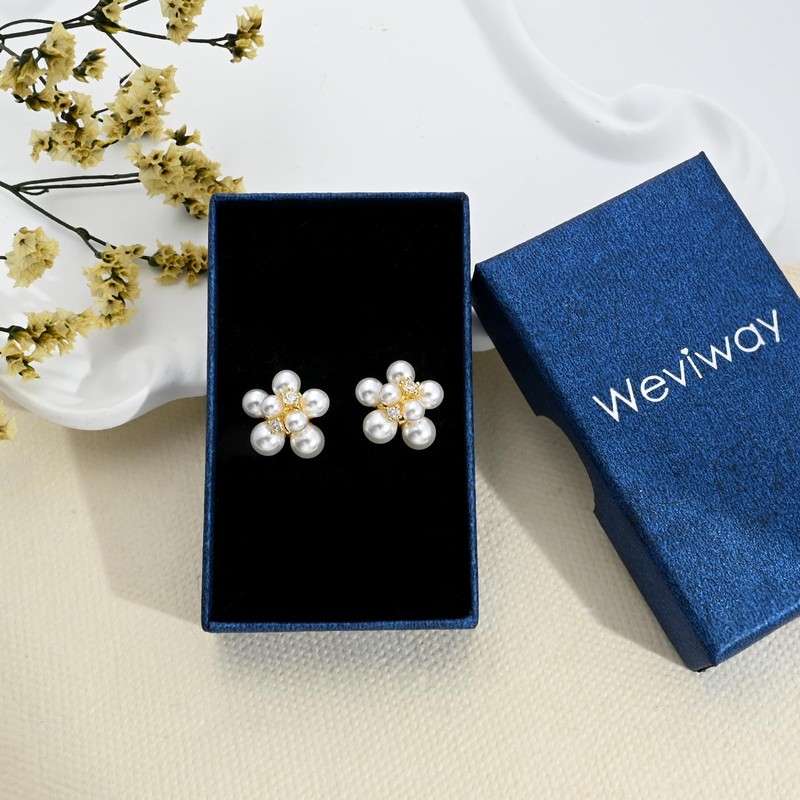 Pearl Flower Stud Earrings, 14K Gold-Plated with CZ Crystals, White