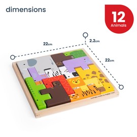Bigjigs Toys Animal Lock-a-Block Puzzle - 11 Piece Building Block Puzzle & Stacking Animals Toy in One, Puzzle Games for 3 4 5 year olds, Tangram Puzzles for Kids