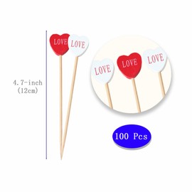 100 Pcs Bamboo Cocktail Picks 4.7-Inch Love Heart Shaped Sticks Fancy Skewers for Wedding Valentine's Day or Anniversary Party Decor (Red and White)