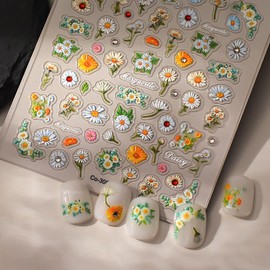 Flower Nail Stickers Daisy Floral Nail Art Stickers Cute Spring Nail Supplies 5D Soft Embossed Relief Self-Adhesive Art Design Decal Exquisite Flower Rhinestones for Manicure Decoration