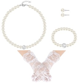 Geyoga 4 Pcs Pearl Necklace Set for Girls Little Girls Tea Party Jewelry White Pearl Earrings Bracelet Sets First Communion Gloves Kit for kids (Exquisite Style,8-12 Years)