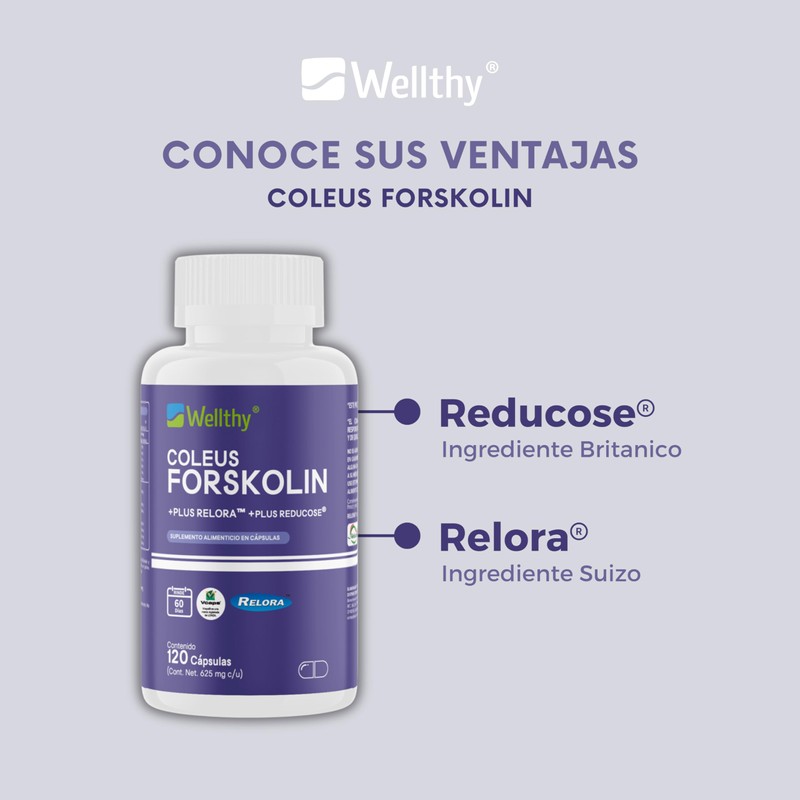 Wellthy Coleus Forskolin, Relora Ingrediente Suizo y Reducose Ingrediente Britanico