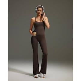 OMKAGI 2 Piece Workout Sets for Women Padded Tank Tops Flare Leggings Pilates Outfits(L,502-Dark Brown)