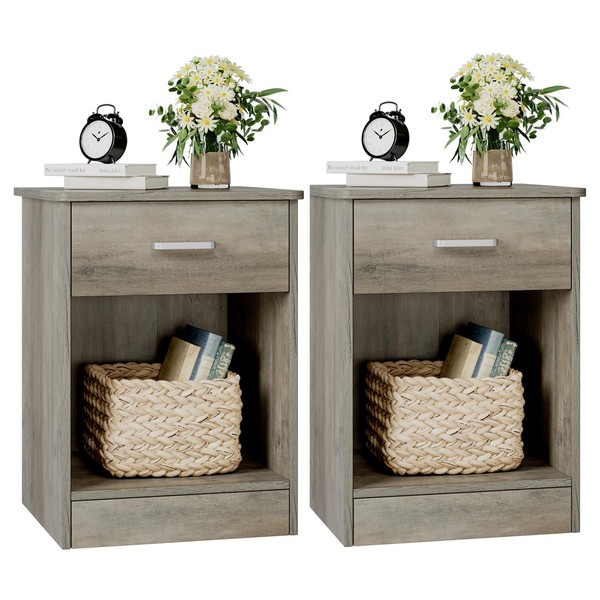 FOTOSOK Nightstand Set of 2, 2-Tier Side Table with Drawer
