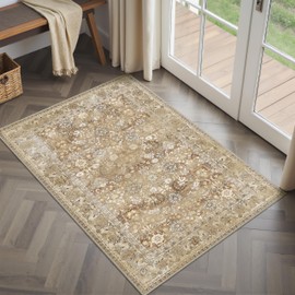 HUGEAR 2x3 Small Rug Machine Washable Area Rug Beige Entryway Rugs Entrance Door Mat Indoor Accent Rug Floral Low Pile Carpet Distressed Throw Rug Kitchen Bedroom Office Non Slip