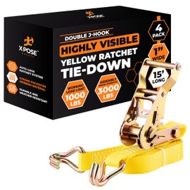 Xpose Safety 4-Pack Retractable Ratchet Straps with Double J Hooks, Heavy Duty 1" x 15', 3,000 lbs Break Strength Tie-Downs for Truck, Trailer, Kayak & Motorcycle